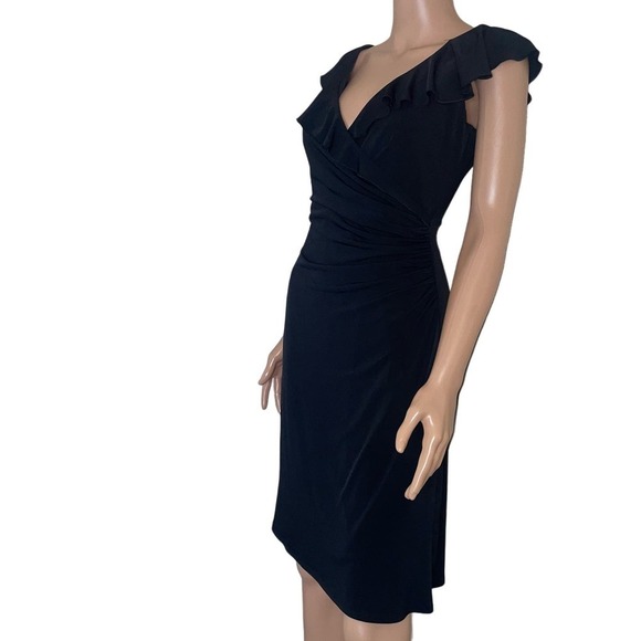 White House | Black Market Ruffled V Neck Dress Sz 4 knee length stretch LBD - Picture 4 of 9